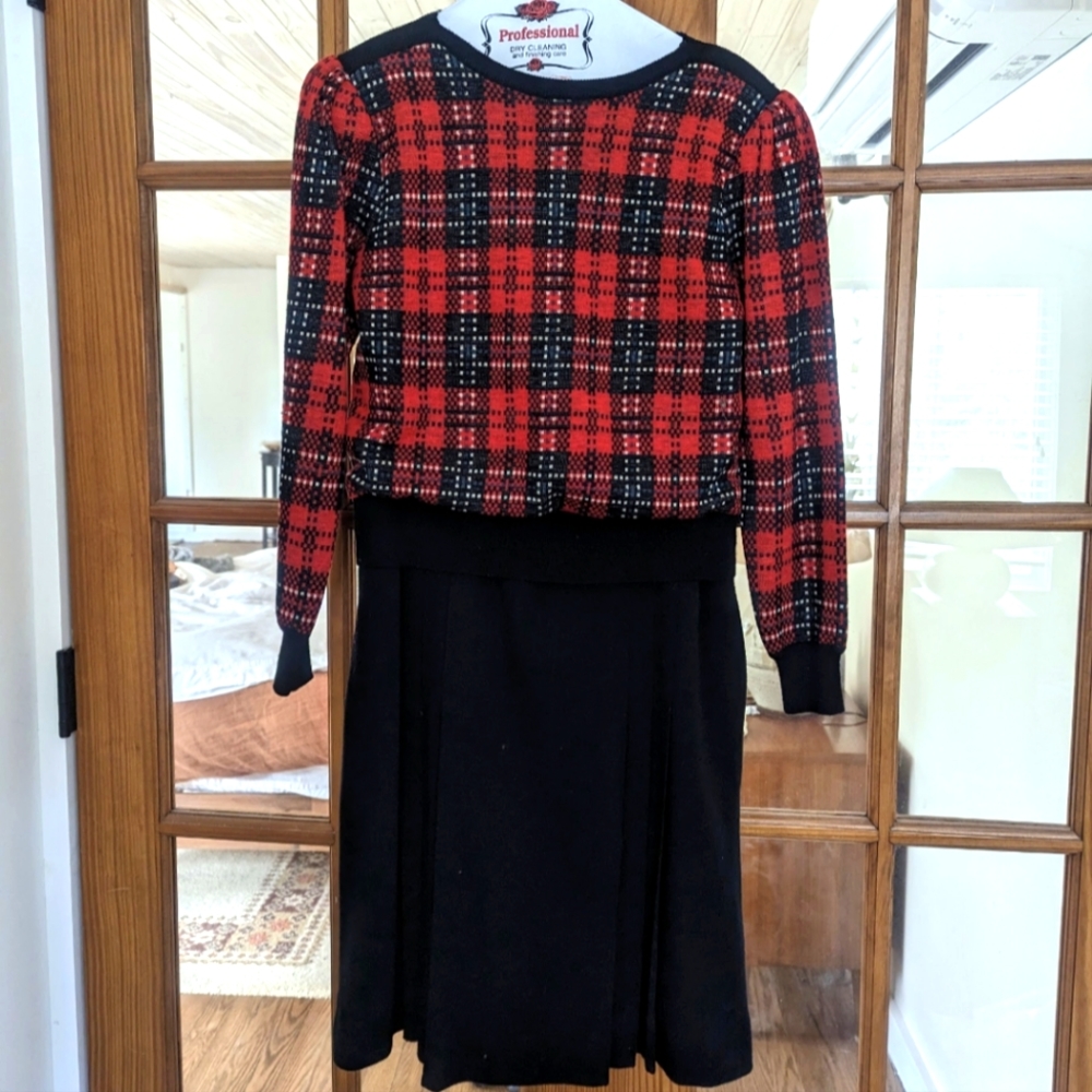 Vintage Holiday sweater dress tailored plaid pockets size 8